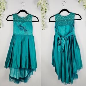 Flower Girl Dress Size 10 Teal Lace Tulle Pearl Beaded Hi-Low Fairy Wedding